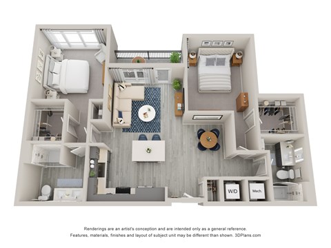 Floor plan for 2 beds, 2 baths, 1128 sqft